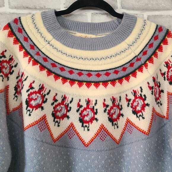 Listicle Boutique Fair Isle Sweater Dusty Blue Roses Medium Cottage Romantic - Picture 3 of 10